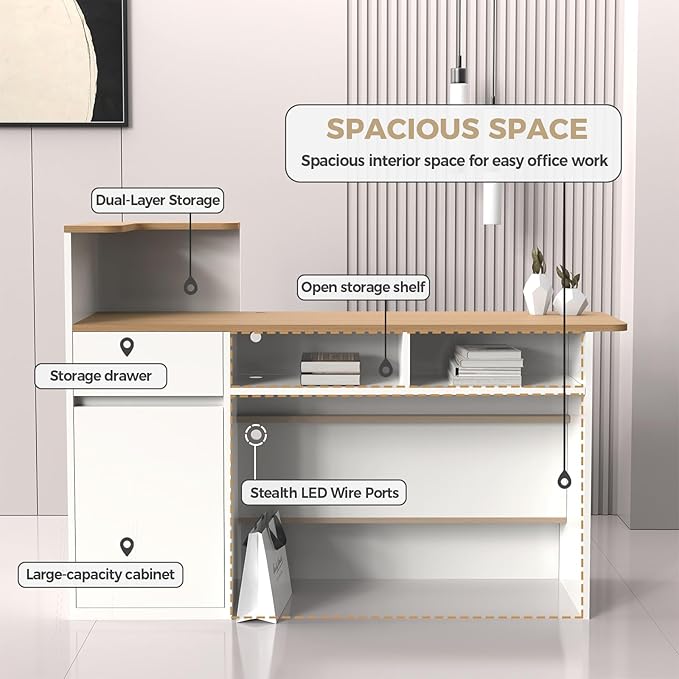 Modern Reception Desk with LED Lights - 59" Front Desk Reception Counter with Dual Display Shelves & Hidden Cable Management, Lockable Drawer & Storage Cabinet for Office, Salon, Spa, Retail, Right