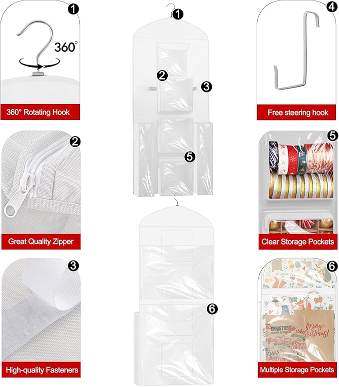 Hanging Gift Wrapping Paper Storage, 40"X17" White Double-Sided Christmas Wrapper Bag Container, Oxford Craft Roll Organizer, Present Wrap Holder for Bedroom Closet, Door, Cabinet