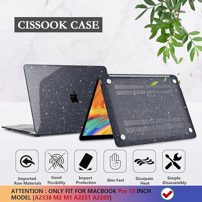 CISSOOK Black Glitter Case for MacBook Pro 13 Inch 2025-2020 Release Model A2338 A2251 A2289 with Touch Bar, Bling Hard Shell Cover Keyboard Skin for MacBook Pro 13 M1 M2 Sparkly