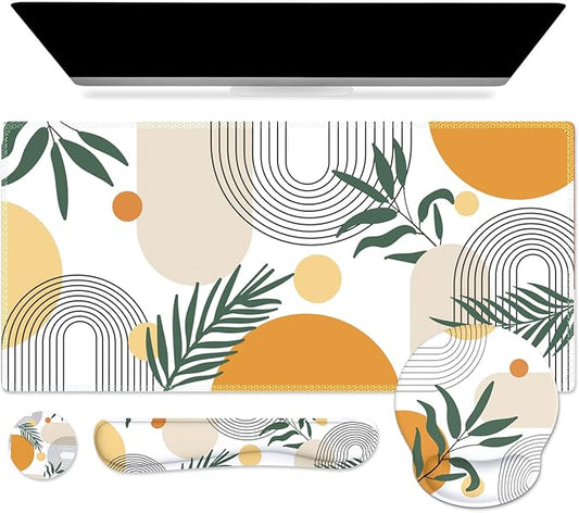 iCasso Mouse Pad and Keyboard Wrist Rest Set, 4in1 XXL Large Mousepad +Keyboard Pad+Mouse Wrist Rest+Coaster with Wrist Support, Ergonomic Desk Pad Mat for Home Office Table Computer-Elm Leaf