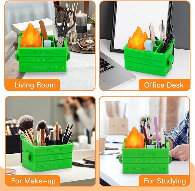Dumpster Pencil Holder with Flame Light and Charging Port Dumpster Pen Holder Desk Accessories for Office Christmas Decor (Green, 1P)