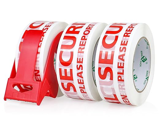 BOMEI PACK Security Seal Tape, Please Report if Seal is Broken Printing Packing Tape with Dispenser, 2.4mil 2inch x 110yds, 3Rolls Heavy Duty Fragile Tape Refills for Shipping, Moving and Sealing