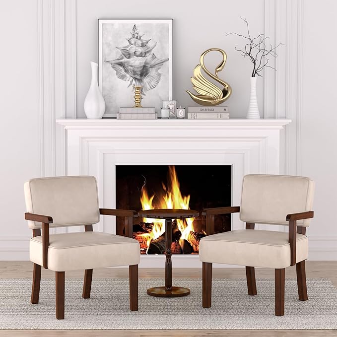 Accent Chair Set of 2 with Table, PU Leather Chair for Living Room Oversized Armchair with Soft Seat and Armrests for Bedroom Dinning Reading Waiting Room (Leather Beige)