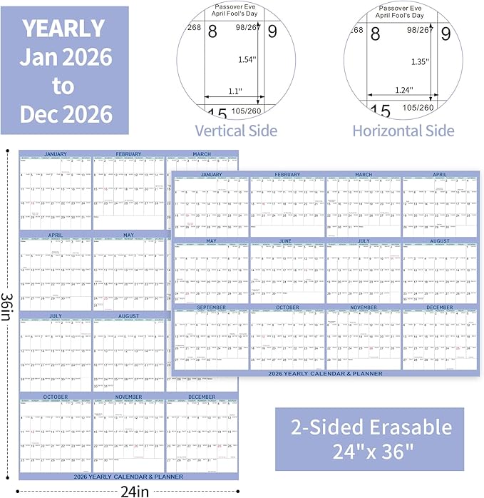 2026 Wall Calendar 24" x 36" Dry Erase Calendar for Wall from January 2026 to December 2026 12 Month Annual Large Yearly Wall Planner for Office School(Light Purple)