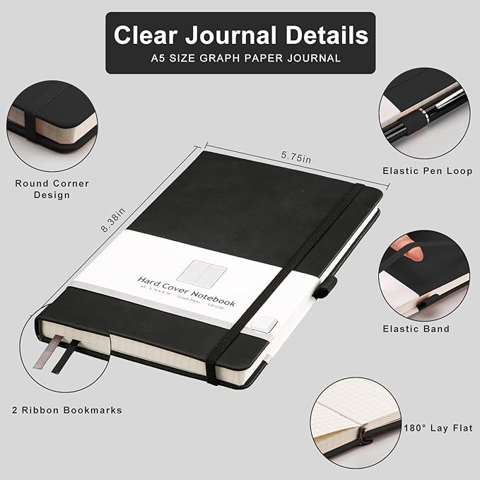 AHGXG Graph Paper Notebook 2 Pack - A5 Grid Paper Notebook/Journal Hardcover with 384 Pages, 120gsm Thick Graph Paper, Grid Paper for Math & Science Students 5.75'' × 8.38''
