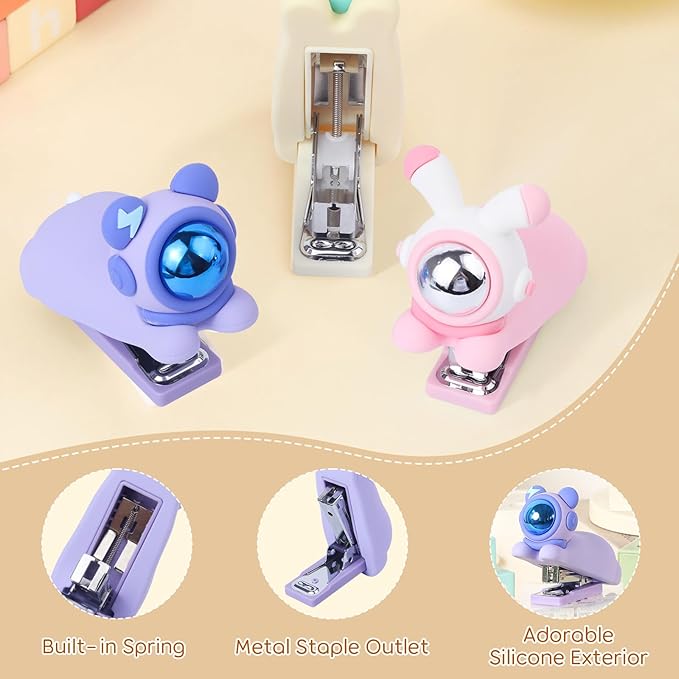 Honagu Cute Stapler, Cartoon Stereoscopic Silicone Stapler, Labor-Saving Office Supplies, Desktop Stationery Gift for Students Kids (Purple)