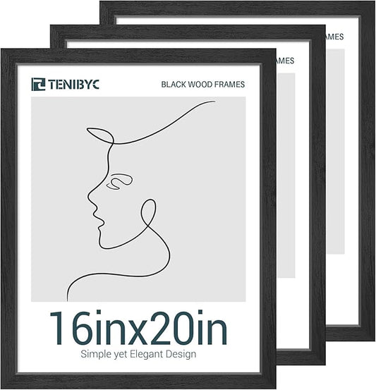 16x20 Picture Frames Set - 3 Pack - Black Solid Wood Poster Frame - Tempered Glass - Exclusive Woodgrain - Rooms, Offices, Gallery, Studio, and Hallway, Wall Display Decor