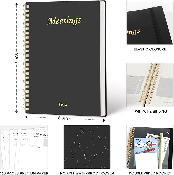 Meeting Notebook For Work Organization - Work Notebook With Action Items, Agenda Planner For Note Taking, 160Pages (6.9" X 9.9") Project Planner For Men & Women - Black