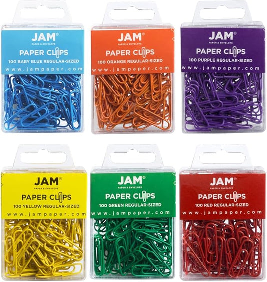 JAM PAPER Colorful Standard Paper Clips - Regular 1 Inch Paperclips - Rainbow Assortment - 6 Packs of 100