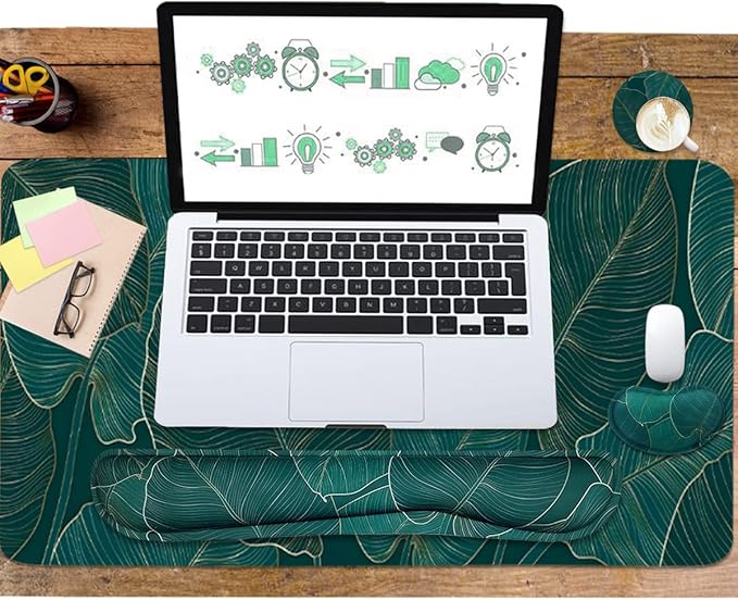 Ergonomic Large Mouse Pad and Keyboard Wrist Rest, Desk Pad for Keyboard and Mouse, 4-in-1 Large Gaming Mouse Pad with Wrist Support for Home Office Study Game-Green Leaves