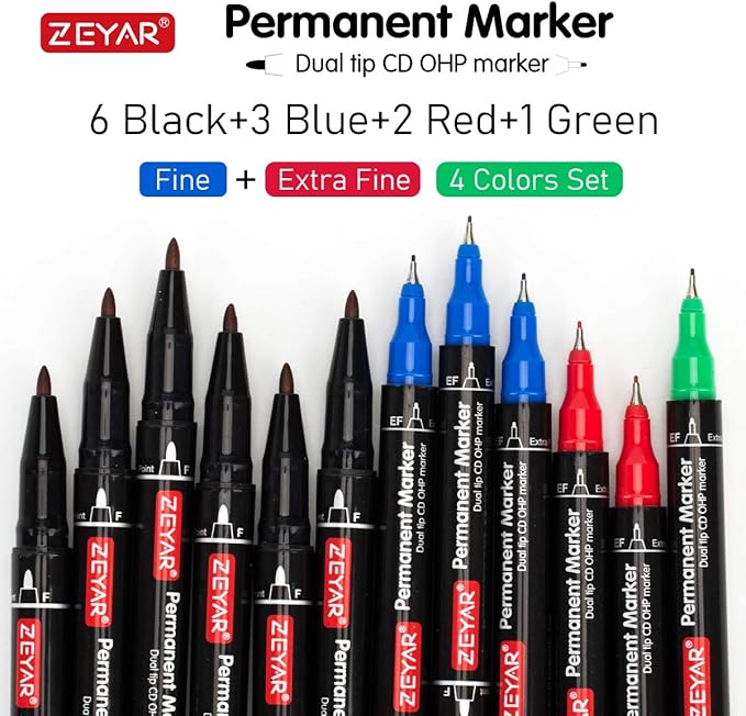 ZEYAR Twin Tip Permanent Markers, CD/DVD Markers, 4 Color, Ultra Fine Point and Fine Point for Signature and Marking (4 Colors, 12 Pack)