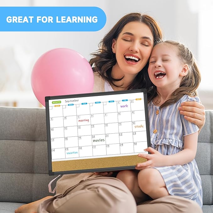 JILoffice Magnetic Calendar Whiteboard & Bulletin Corkboard Combination, Monthly Combo Board 17 x 13 Inch, Black Aluminum Frame Wall Mounted Board for Office Home and School