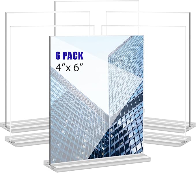 Acrylic Sign Holder 4x6 Inches 6 Pack T Shape Desktop Display Stand Vertical Double Sided Clear Table Menu Flyer Holder for Restaurants, Office, Shop, Wedding