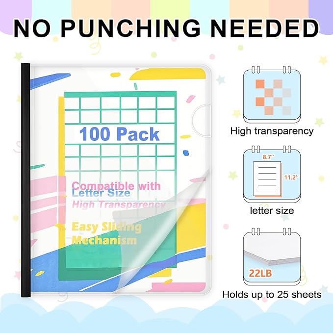 TOTiyea 100 Pack Letter Size Clear Report Covers with Sliding Bars, 5mm (25 Sheet Capacity) Sliding Bar File Folders, Black