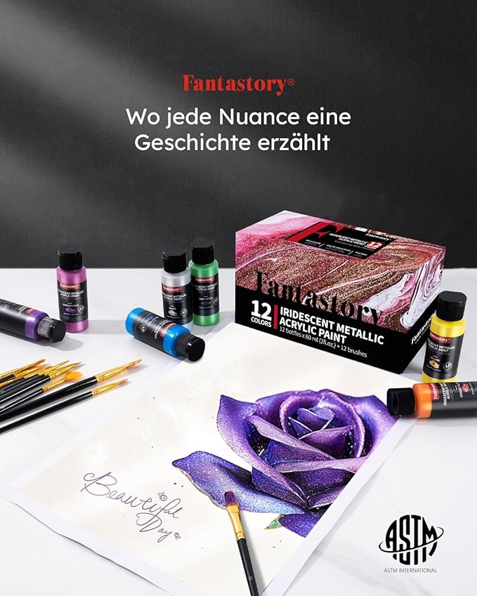 Fantastory Metallic Iridescent Acrylic Paint Set with 12 Brushes, 12 x 2oz Metallic Colors, Color-Shifting, Craft Paint Kit, Metal/Canvas/Rock/Stone/Ceramic/Model/Wood Painting [Balanced Series].