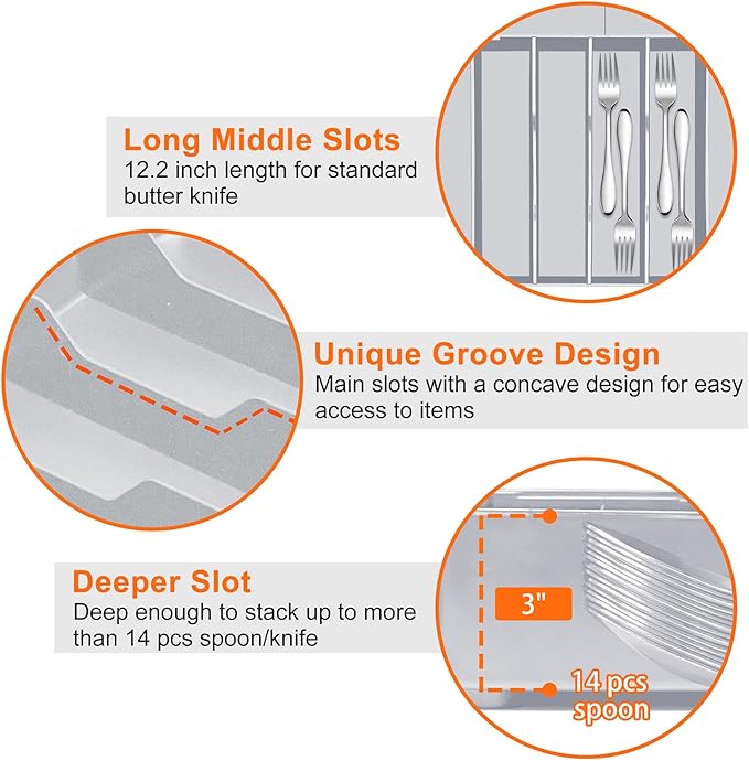 Silverware Organizer for drawer - Adjustable Kitchen Drawer Organizer Utensil Drawer Organizer, Expandable Silverware Tray for Drawer Utensil Organizer for Forks, Knives, Grey