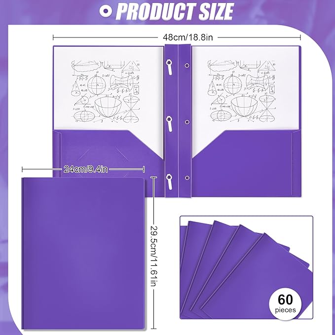 Yeaqee 60 Pcs Plastic Folders with Pockets and Prong Plastic Folders with 2 Pockets Pocket for Office, School for Students, Teachers, Office Workers (Purple)