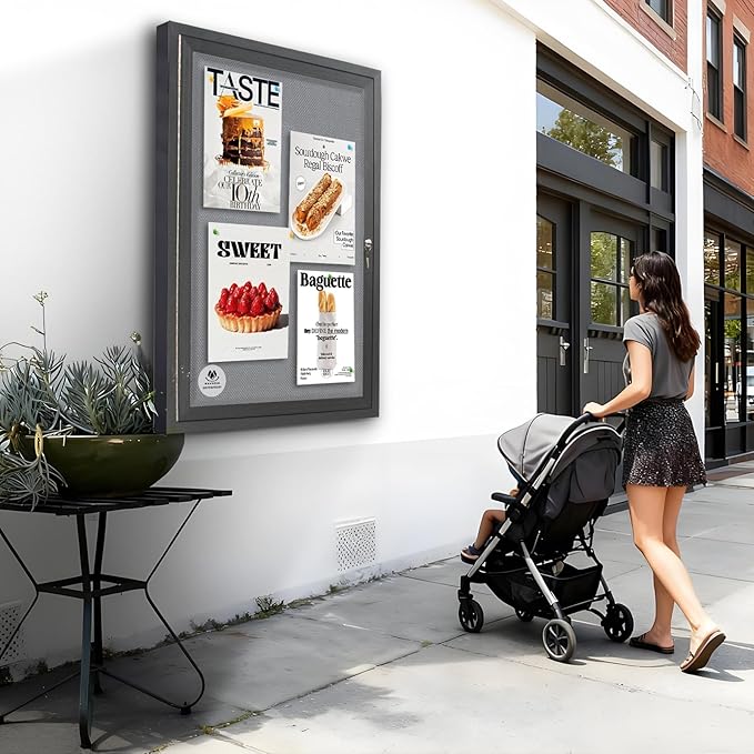 Outdoor Weatherproof Enclosed Fabric Bulletin Board,Noticeboard Case with Lockable Glass Door, Grey Felt,Black Aluminum Frame, 36x24 Inch (5xA4)