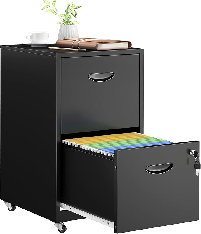 2 Drawer File Cabinet with Lock，Black Rolling File Cabinet for Home Office, Metal Small Mobile Filing Cabinets on Wheels for Hanging Letter