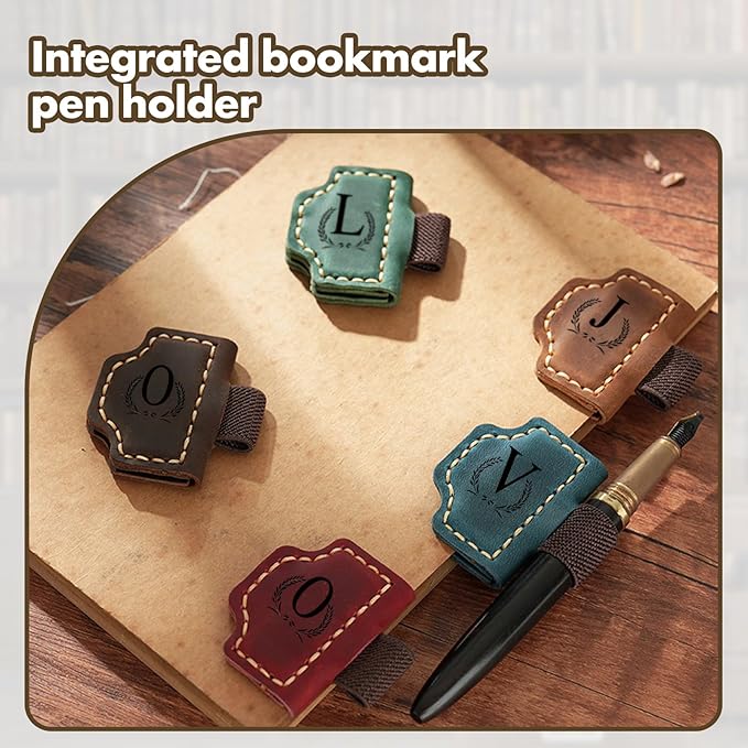 Custom Bygone Mark Bookmark with Pen Holder, 26 Letters Name Initial Personalized Magnetic Leather Bookmark, Gifts for Book Lovers, Readers, Travelers, Leather Book Marks (Wine Red, U)