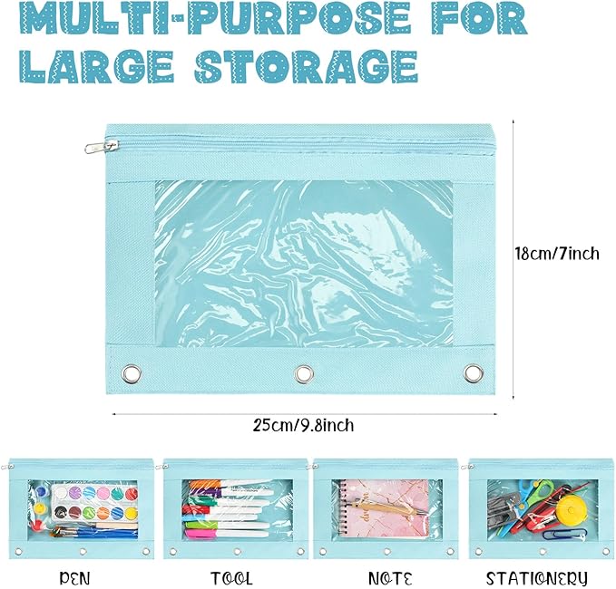 Marspark 30 Packs Pencil Pouch 3 Ring Binder Pen Pouch Cloth Pencil Pouches Zipper Pen Case Bag with Clear Window for School Office Writing Supplies Gifts(Sky Blue)