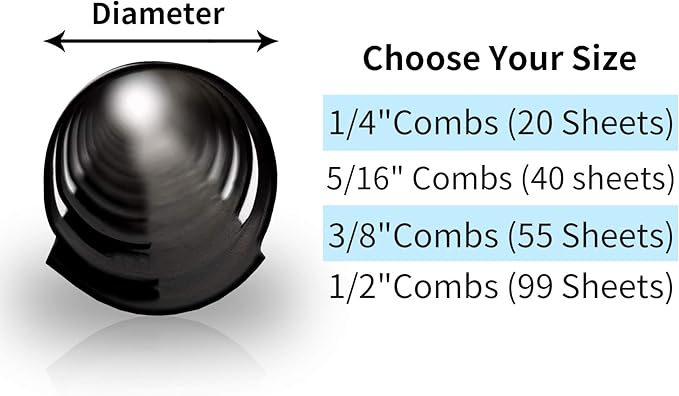 Rayson CR681012-BK Plastic Comb Binding Ring, 1/4in,5/16in,3/8in,1/2in, 19-Ring Letter Size, Black Comb Spines, Multi-Size Pack of 100