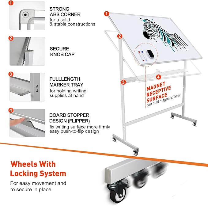 Large Mobile Dry Erase Board WhiteBoard, 48×36 inches Height Adjust Double Sided WhiteBoard, Rolling Stand with Aluminum Frame for Home Office Classroom