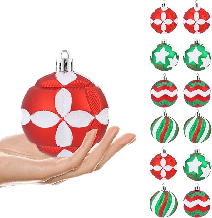 4 Inch Red Green White Christmas Ornaments, 12Pcs Large Shatterproof Christmas Bulbs Ornaments, Big Christmas Balls Hanging Decorations for Christmas Trees Holiday Parties Malls (Red & Green & White)