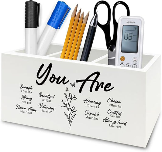 You Are Christian Pen Pencil Holder Organizer for Desk, Christian Gifts for Women, Floral Inspirational Bible Verse Wooden Box Signs Decorations for Home Office Desk Tabletop