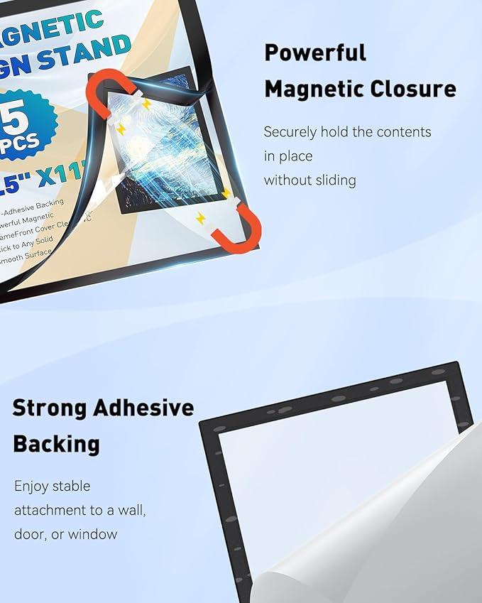 Uniclife 5 Pack Magnetic Sign Holder 8.5" x 11" Self-Adhesive Magnetic Picture Frame Wall Mounted Display Frame for Home Office Store Poster Document Holder for Wall Door Glass Window Refrigerator