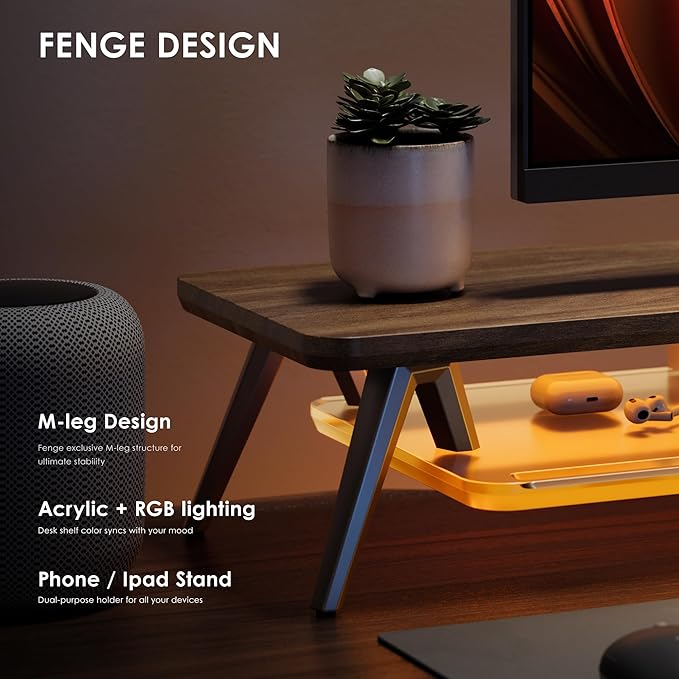 Fenge Dual Monitor Stand for Desk, 2 Tiers Monitor Riser with Acrylic Shelf & App Control LED Lights, 42.5 Inch Wood and Aluminum Desk Shelf with Phone and Tablet Holder