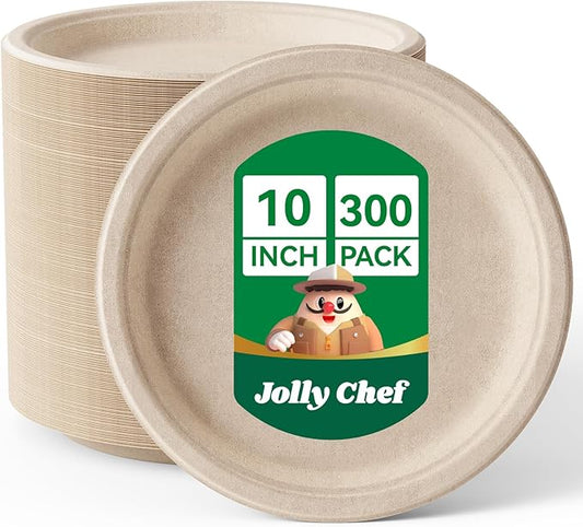 JOLLY CHEF Compostable Heavy Duty Plates 𝟭𝟬 𝗜𝗻𝗰𝗵 [𝟯𝟬𝟬 𝗣𝗮𝗰𝗸] Eco-Friendly Disposable Paper Plates Made of Bagasse Biodegradable Bulk for Party Dinner Sugarcane Thanksgiving Day (Natural)