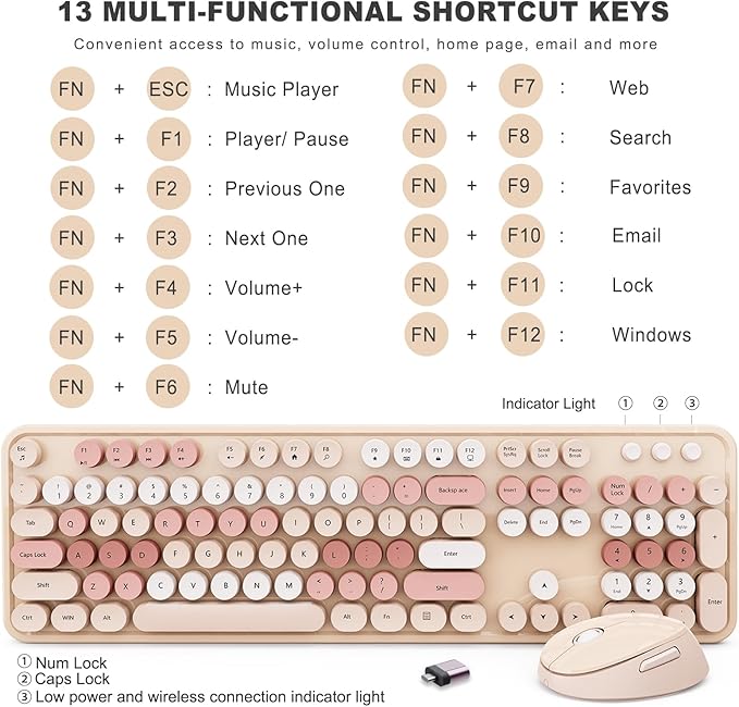 Wireless Keyboard and Mouse Combo, Ergonomic Full Size Typewriter Retro Round Keycaps Keyboard, Compatible with Windows, PC, Perfer for Home and Office Keyboards (Chocolate Color)