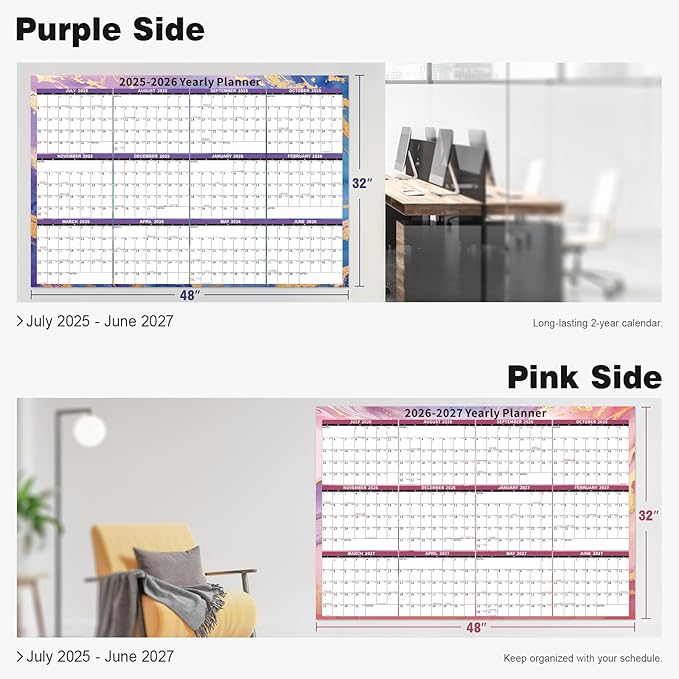 Ospelelf Large Dry Erase Calendar for Wall - 32'' x 48'' Yearly Calendars 2025-2027 Laminated Monthly Family Calendar for Office, Use July 2025 - June 2027 (Marble)