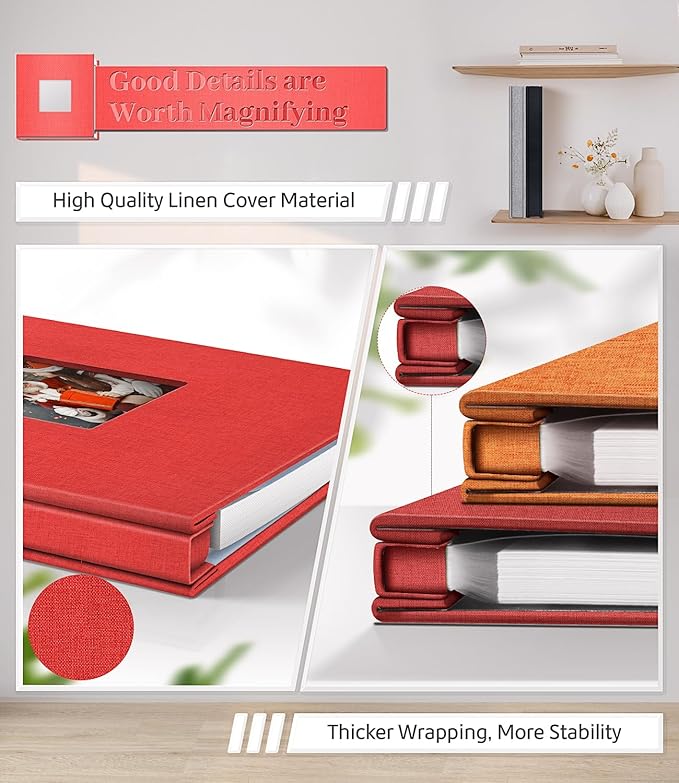 Photo Album Self Adhesive Scrapbook Album for 3x5 4x6 5x7 8x10 Pictures,120 Pages Linen Cover with Display Window DIY Photo Book,Ideal Gifts for Family Travel Wedding Baby