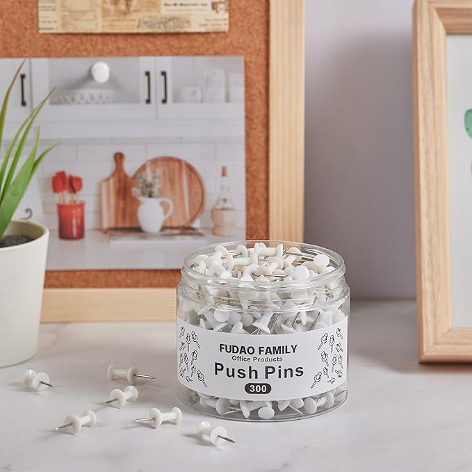 FUDAO FAMILY 300pcs Push Pins for Bulletin Board, Thumb Tacks for Wall Corkboard, Map Pins - Home Office Craft Projects Plastic Head Steel Push Pin (White)