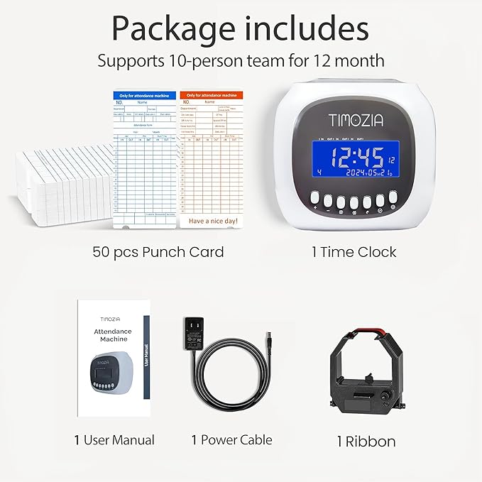 Time Clocks for Employees Small Business, Auto-Align Time Clock, 6 Punches per Day Time Machine, Clock in Machine for Employees with Time Cards, 2 Ink Ribbons and White with 50 Cards