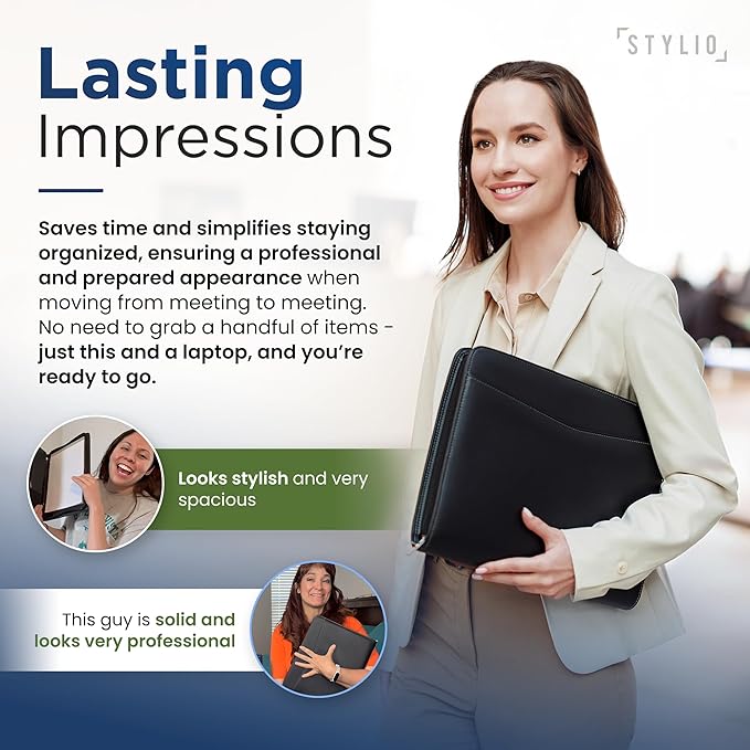 STYLIO Zipper Padfolio Portfolio Binder Organizer | Faux Leather Portfolio for Resume, Documents, Phone, Tablet, Business Supplies and Cards | Notebook Organizer with Letter Sized Notepad Included