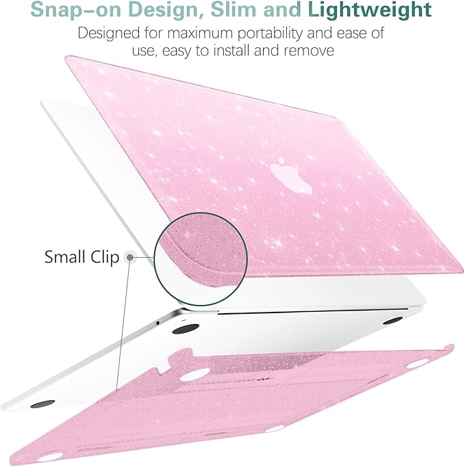 KEROM Pink Glitter Case for MacBook Air 13 inch 2022-2018 M1 A2337 A2179 A1932, MacBook Air M1 Case - Girly Shiny Bling Sparkle Glitter Plastic Hard Shell Case & Keyboard Cover for MacBook Air 13.3''