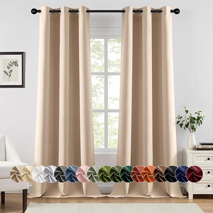 MIULEE Beige Blackout Curtains for Bedroom Living Room 96 Inches Long 2 Panels, Thermal Insulated Room Darkening Drapes Solid Grommet Top Noise Reduction Light Blocking Window Treatments 40x96 Inch