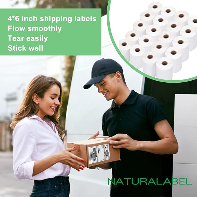 NATURALABEL 5000 PCS 4" x 6" Direct Thermal Shipping Labels for Small Business, with Perforated Lines, Compatible with Rollo and Zebra (20 Rolls, 250 Labels/Roll)