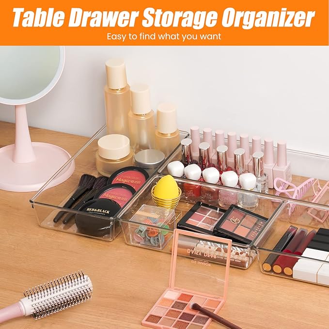 9 Pack Clear Plastic Drawer Organizer Set, Acrylic Non Slip Non Cracking Kitchen Drawer Storage Tray Large Size Divider, Multifunctional Storage for Cosmetics, Bathroom, Tools, Kitchen and Office