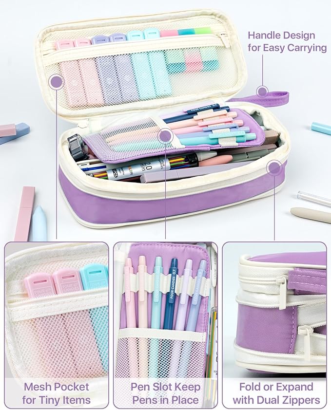 Four Candies 56 PCS Aesthetic School Supplies with Pencil Case, 6 Multicolor Pen, 12 Pastel Highlighters, 5 Gel Pens Black Ink, 9 Mechanical Pencils for Student Stationary Set Preppy Stuff (Purple)