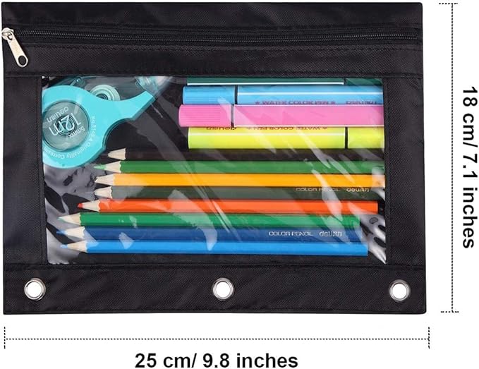 Pencil Pouch 3 Ring, Zipper Pencil Pouches Case Binder Cosmetic Bag Black 2 Pack