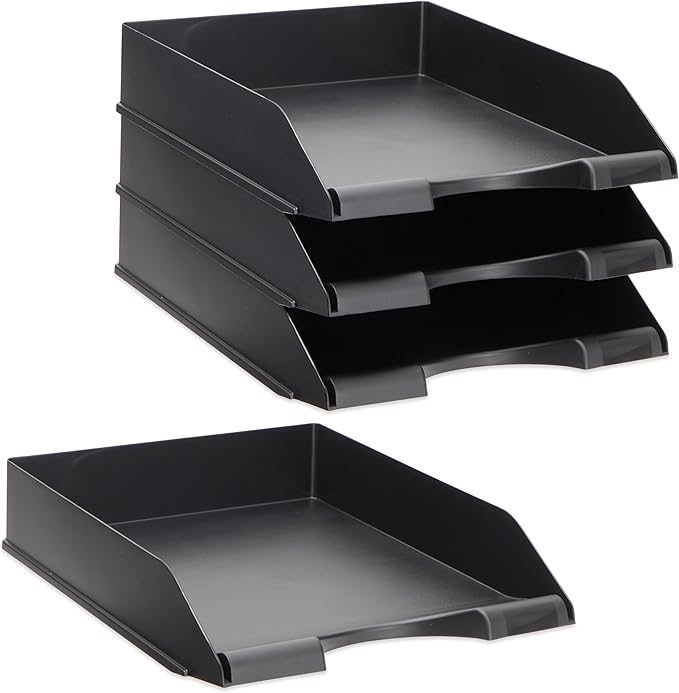 Stockroom Plus Letter Trays - 4-Pack, Black, 10 x 13.5 x 2.5 in - Stackable Paper Trays & Desktop File Organizer - Mail Organizer & Document Storage