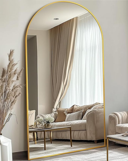 Full Length Mirror, 81"x41" Oversized Floor Mirror Freestanding, Full Body Floor Standing Mirror with Stand, Hanging Mounted for Bedroom Living Room, Gold, Arched Style