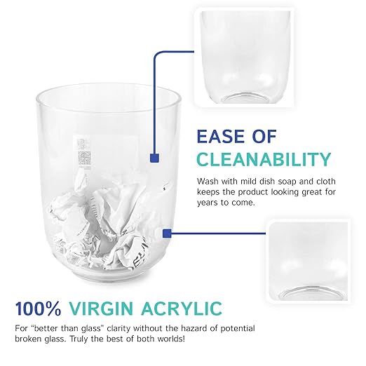 Huang Acrylic Clear Round Wastebasket Trash Can | Garbage Container Bin for Bathrooms, Kitchens, Home Offices | Shatter-Proof, Stylish, Durable and Compact Design