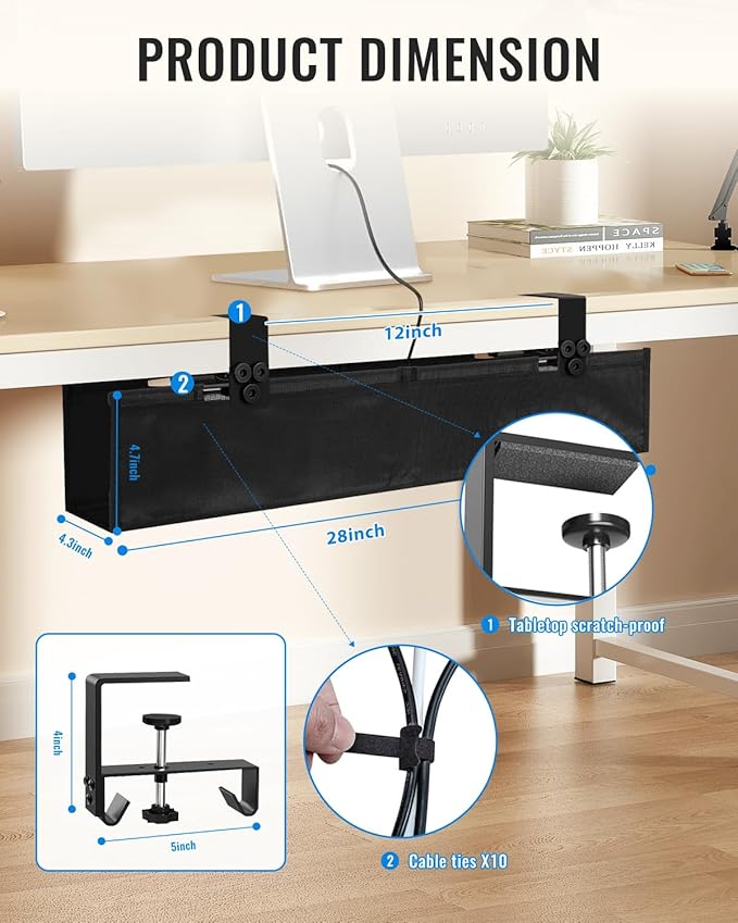No Drill Cable Management Under Desk, 28" Cord Organizer for Table, Clamp/Screw Mount Cable Tray, Premium Black Fabric Desk Cord Management Tray for Office, Home (Regular (28 in))