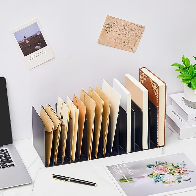 Suzile Metal Desktop File Organizer, 15 Compartments, Vertical File Sorter, Black, 5.79" W x 15.75" L x 5.41" H, Office, Reception Areas, Workspace