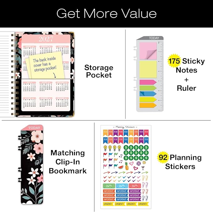 HARDCOVER 2026 Planner, 5.5"x8": 14 Months (November 2025 - December 2026), Daily Weekly Monthly Planner, Yearly Agenda, Bookmark, Pocket Folder and Sticky Note Set (Black Floral Pink)